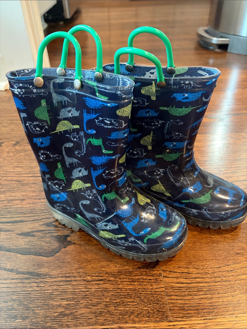 Kids Navy Dinosaur Rain & Snow Boots with Green Handles - light up!!